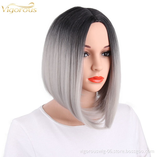 High quality wholesale premium vendor ombre silver short straight wavy hair synthetic heat resistant wig lace front black women
